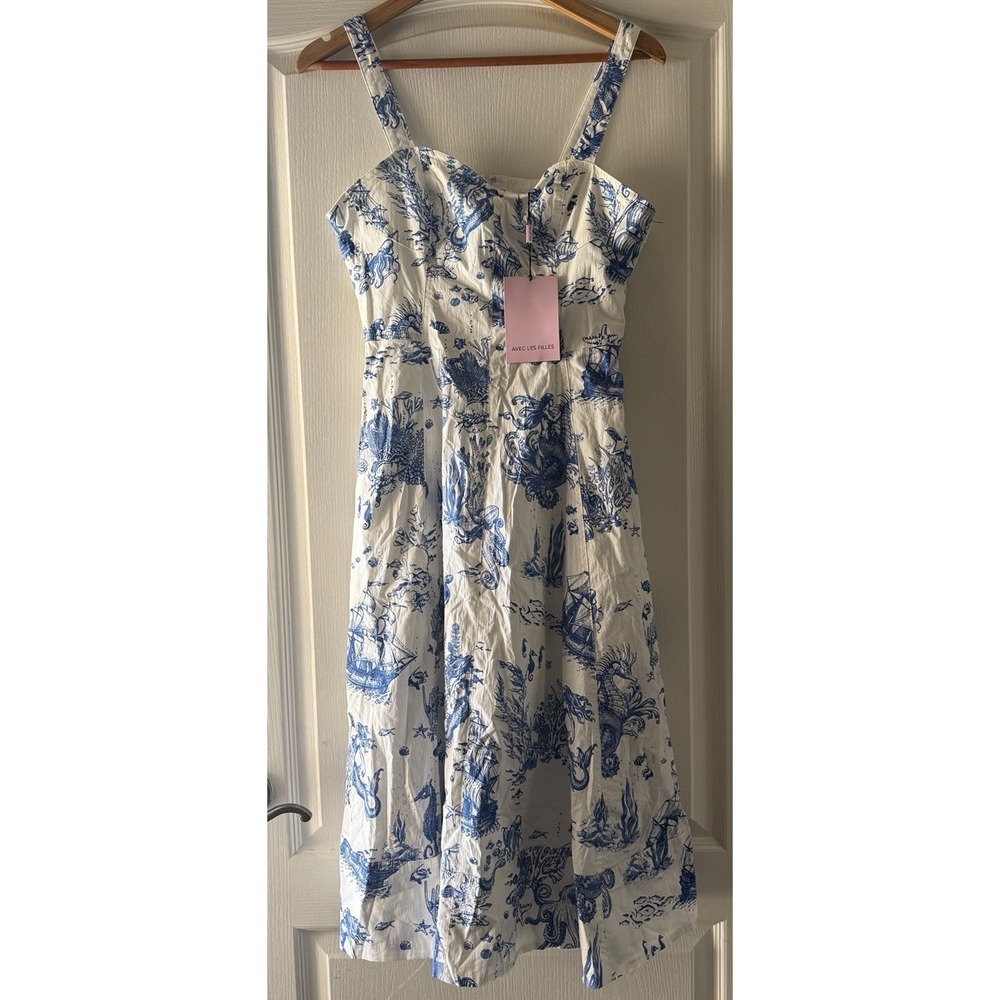 Avec Les Filles Blue White Mermaid Toile Linen Blend Midi Dress Size 8 NWT - Picture 2 of 16